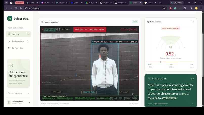 GuideSense live-camera dashboard showing a detected person, spatial radar, and spoken guidance.
